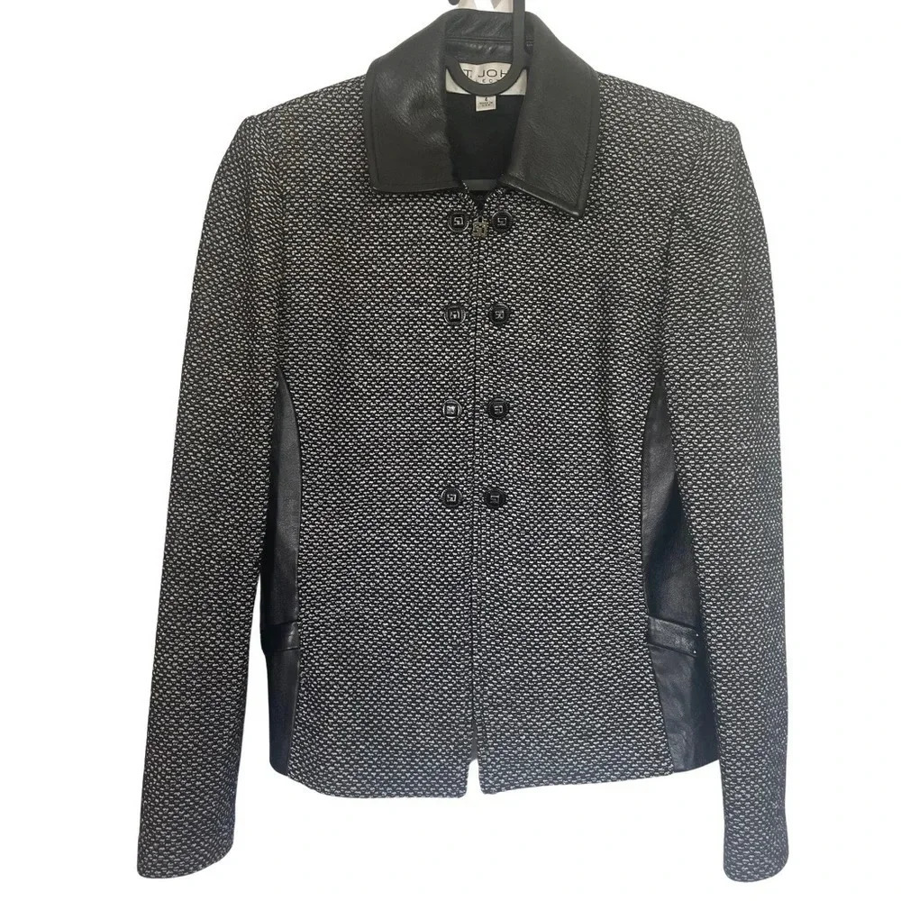 ST JOHN COLLECTION BY MARIE GRAY Tweed Jacket with leather collar and detail